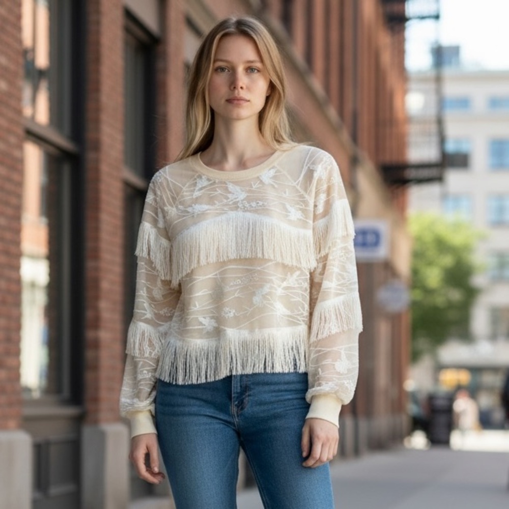 Elie Tahari Hummingbird Embroidered Sweater With Fringe Ivory Size Small